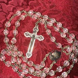 Crystal Rosary beads Secret heart ROMA ITALY VINTAGE Clear Beaded Necklace 19.5